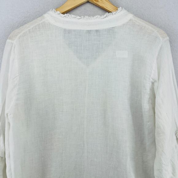 ROSE MARINE Top L Linen Tunic Ruffle V-Neck Roll Tab Sleeve Off White Italy - Picture 4 of 13